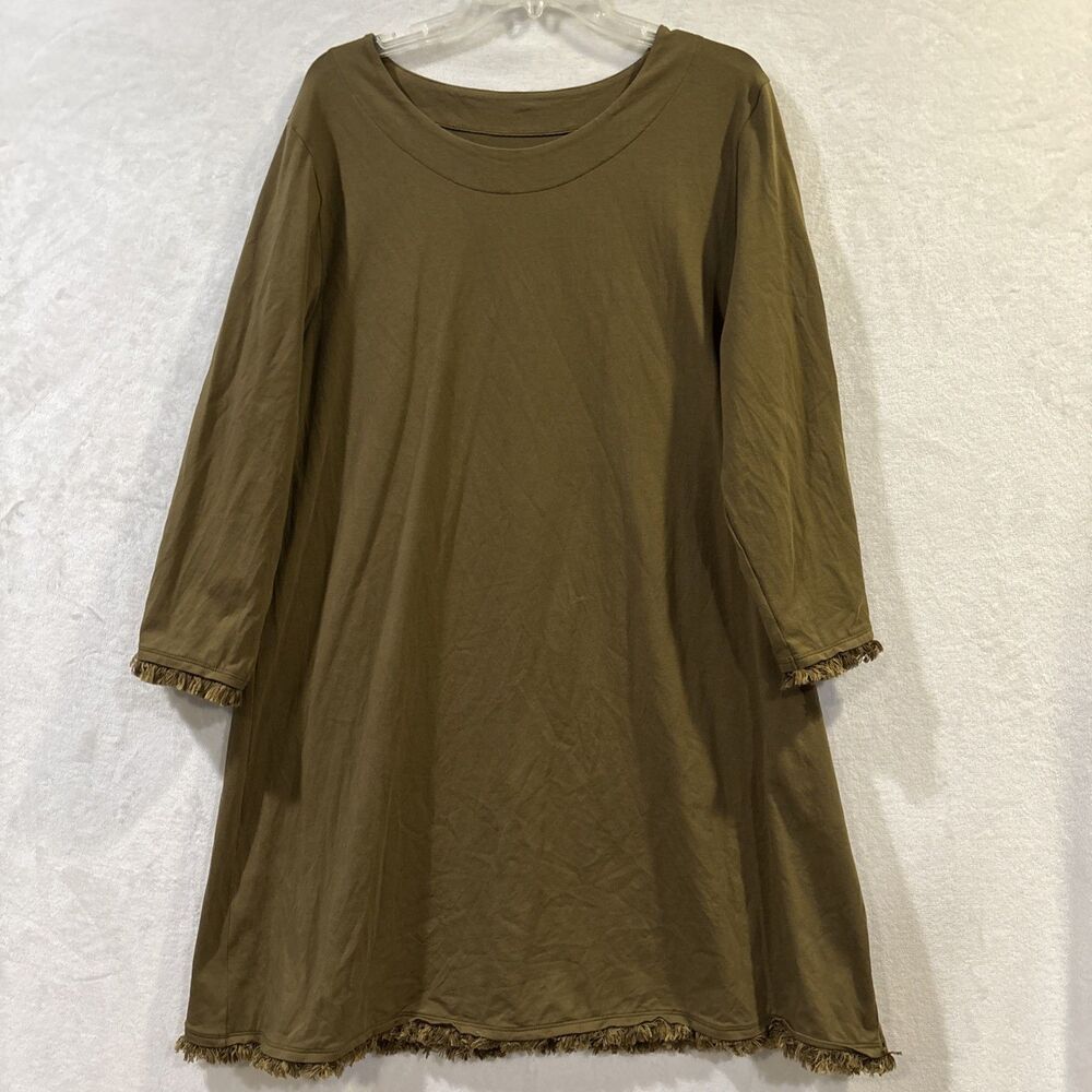 Spartina 449 Women's Size XXL Island Fringe Shift Dress Olive Green 3/4 Sleeve